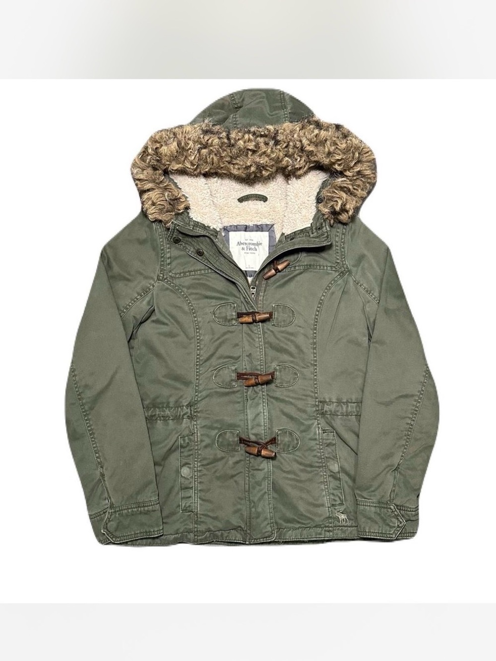 VTG Y2K Abercrombie & Fitch Military Toggle Jacket Fur Hood Lined Womens L Green